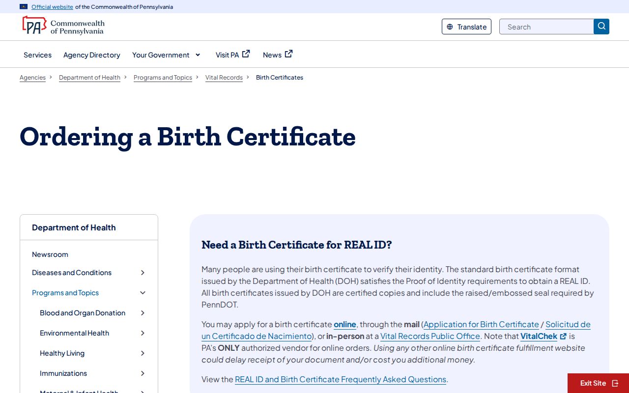 Coolbaugh Township resident lookup Pennsylvania vital records birth certificate request page